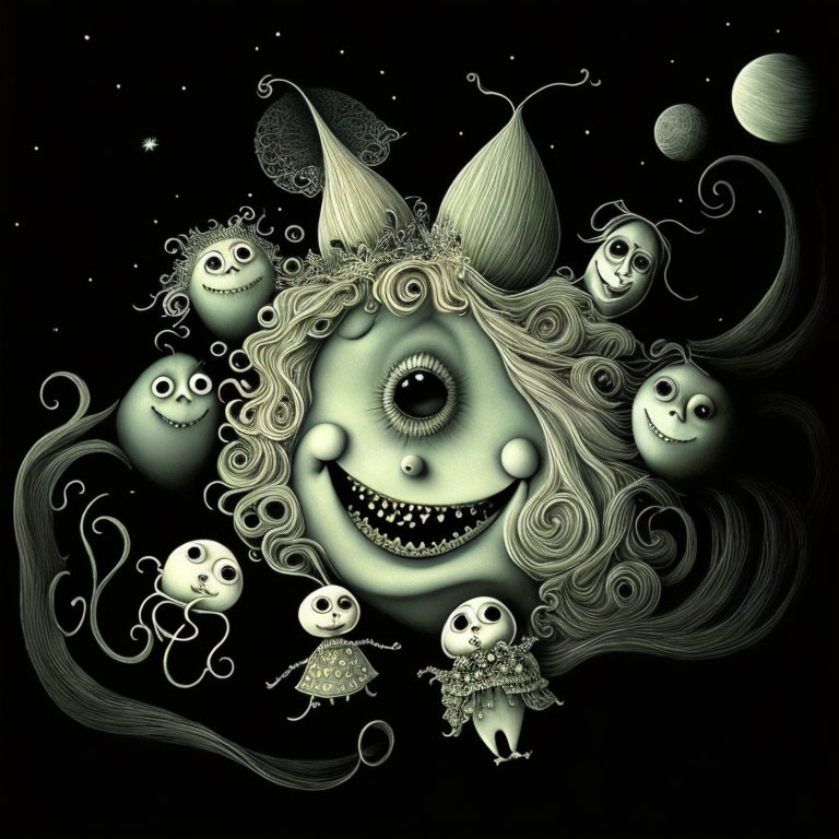 Celestial character surrounded by planets and moons in whimsical illustration