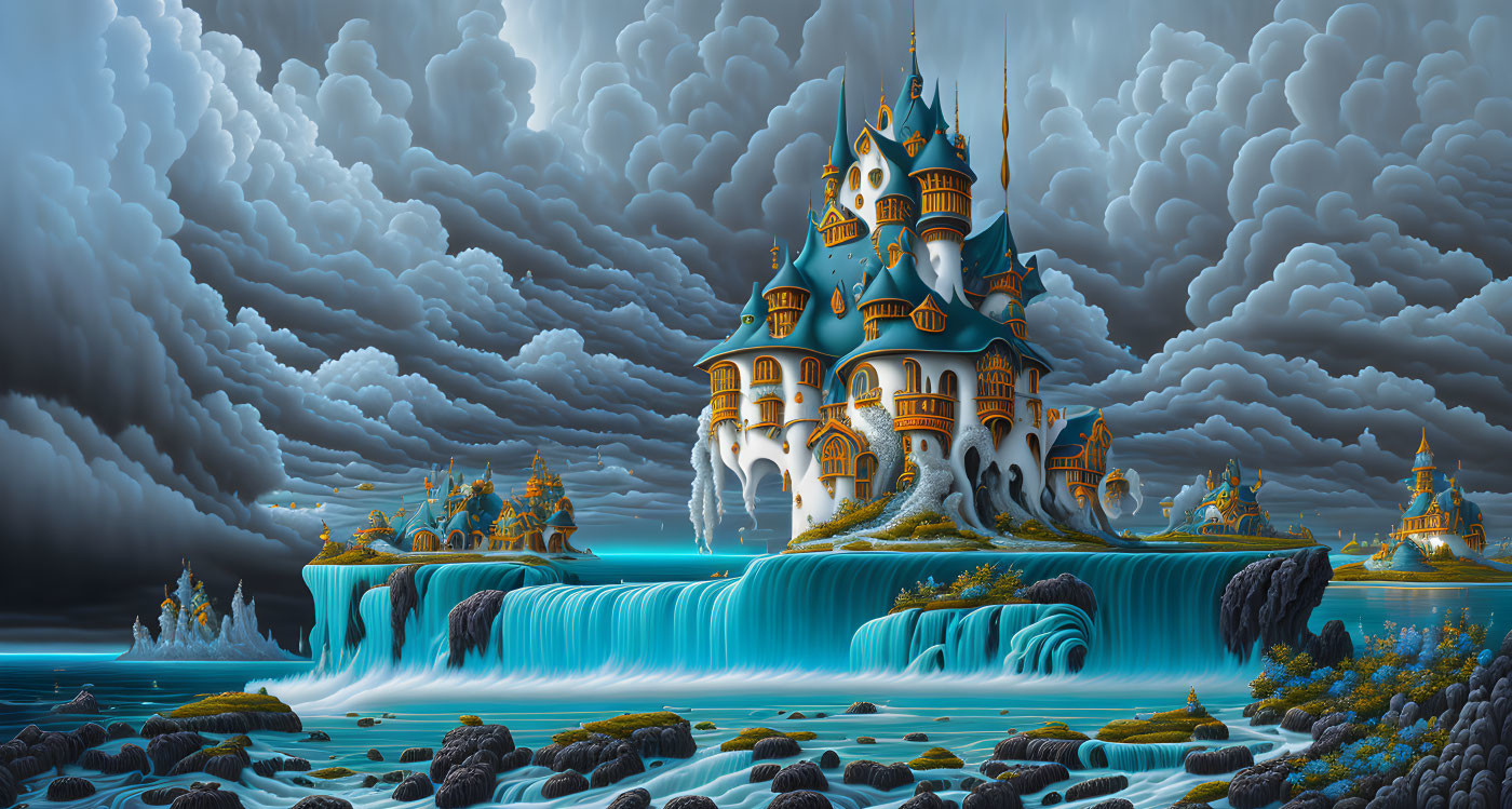 Majestic fantasy castle on waterfall with stormy coastal backdrop