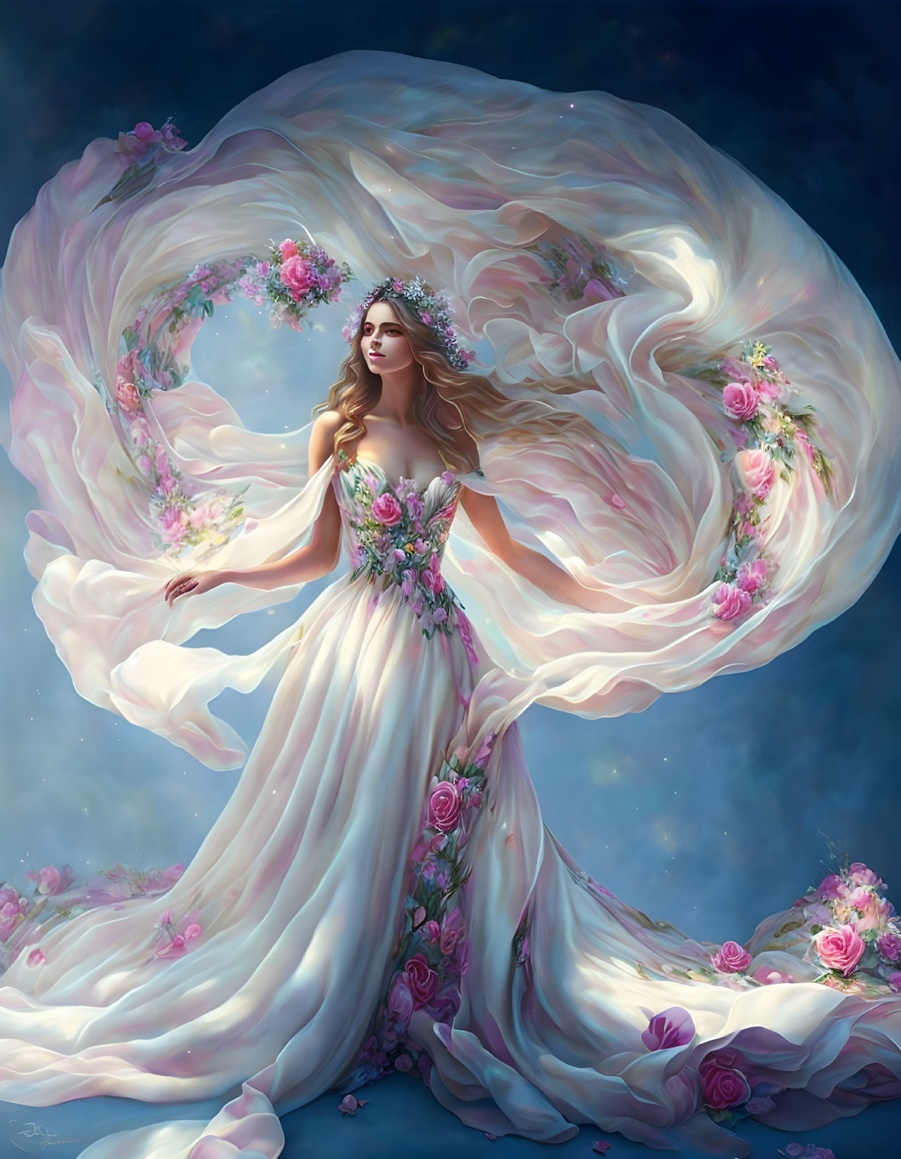 Ethereal woman in floral gown surrounded by lush flowers