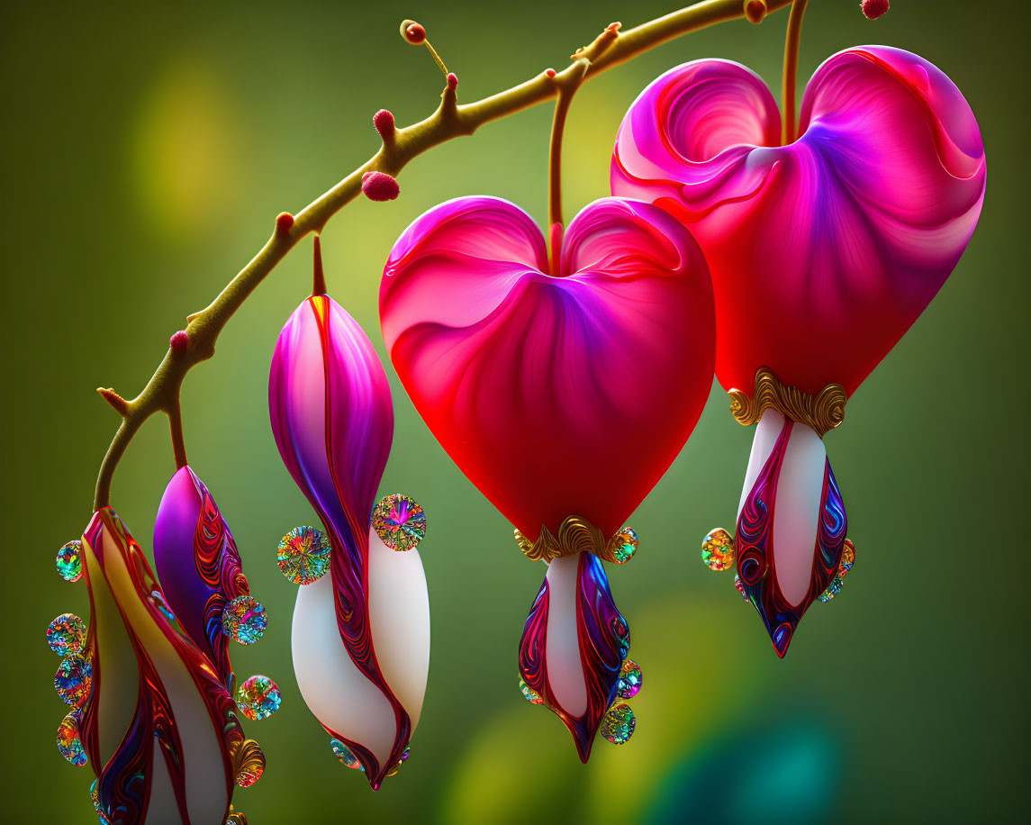 Colorful digital art: Heart-shaped flowers with intricate patterns on a branch against green backdrop