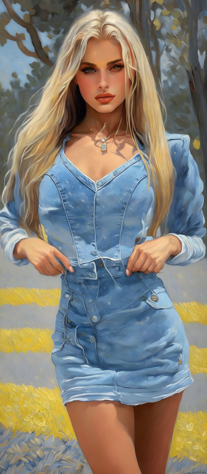 Blonde woman in denim dress stands in sunlit field