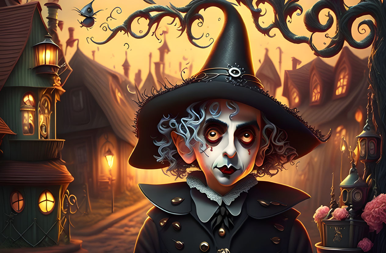 Illustrated white-haired witch in wide-brimmed hat with magical elements in twilight village