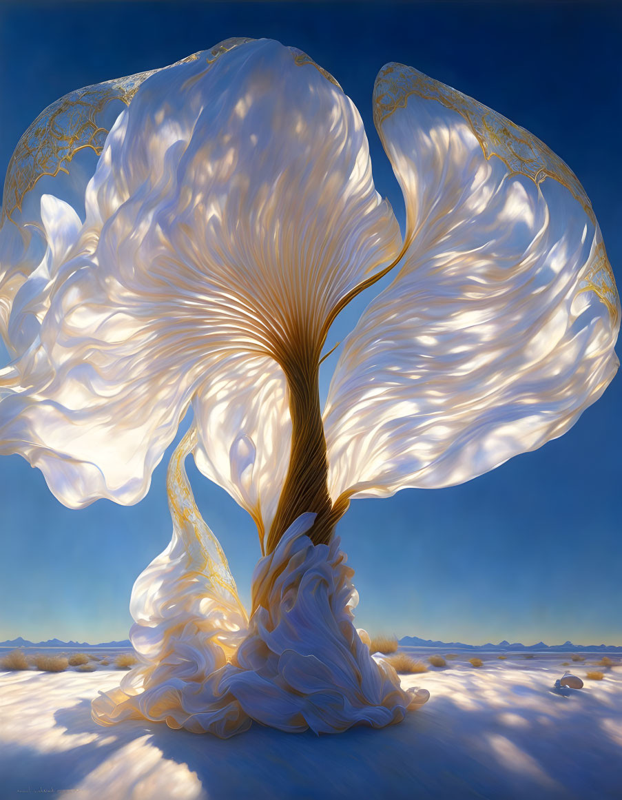 Surreal digital artwork: luminous tree-like structure against blue sky