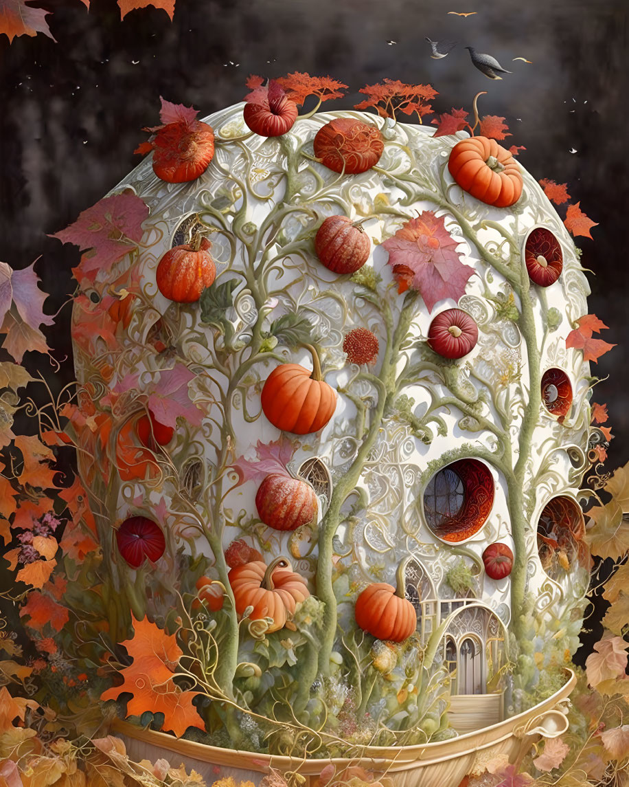 Fantasy dome with pumpkins, autumn leaves, and latticework under dark sky