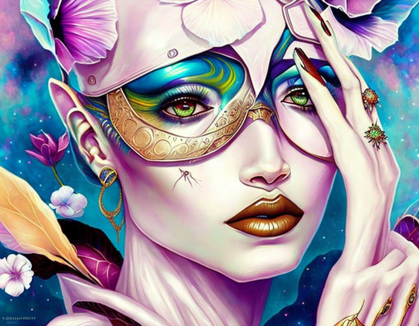 Colorful Woman with Masquerade Mask and Butterflies in Intricate Illustration