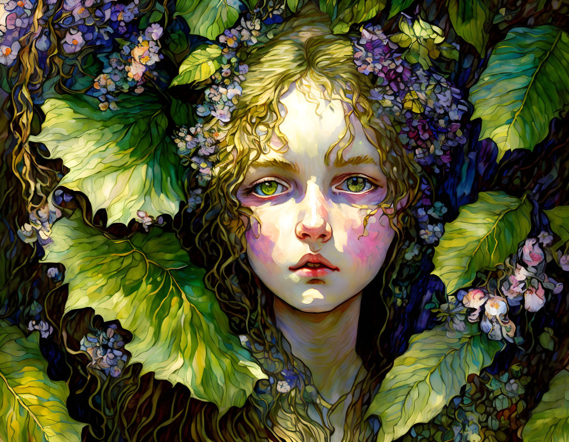 Child with Curly Hair Among Lush Green Leaves and Purple Flowers