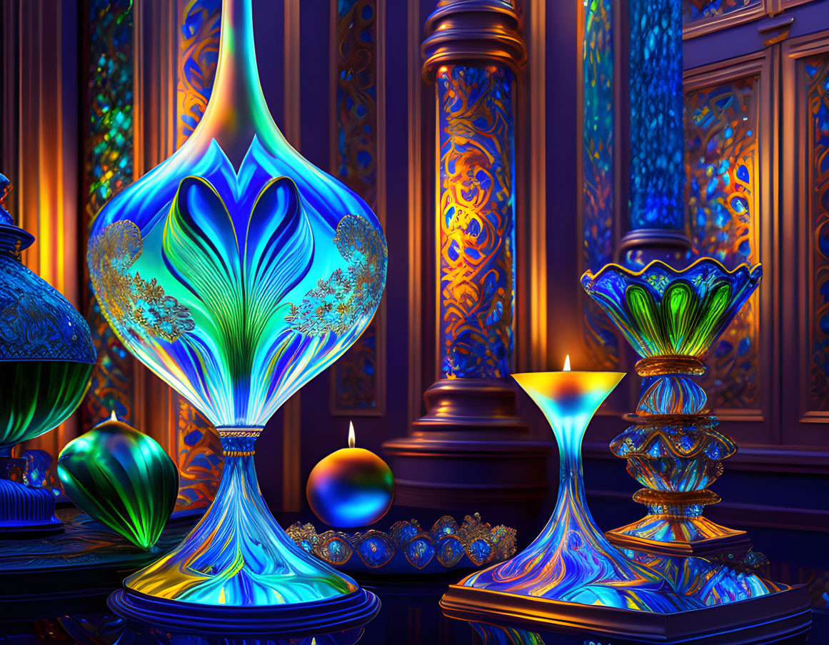 Colorful Glass Objects in Ornate Room Display