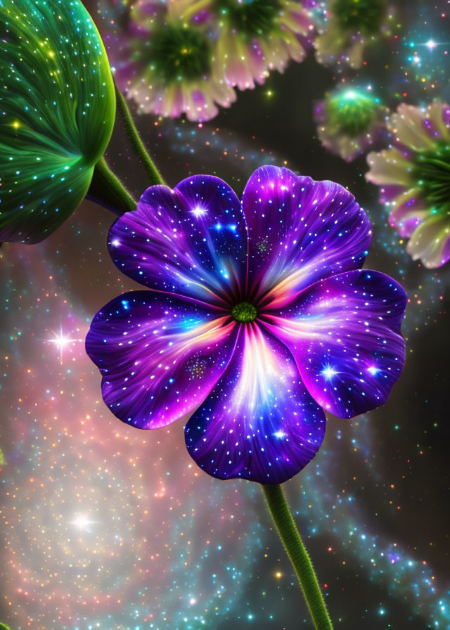 Digital artwork of galaxy-themed flower against cosmic backdrop