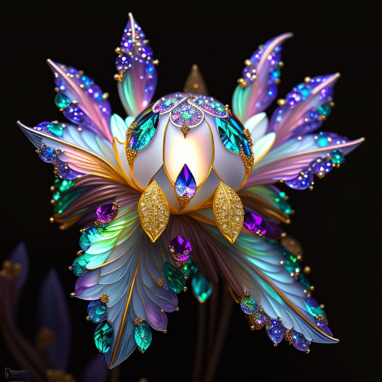 Luminescent digital artwork of jewel-encrusted floral object with iridescent petals and