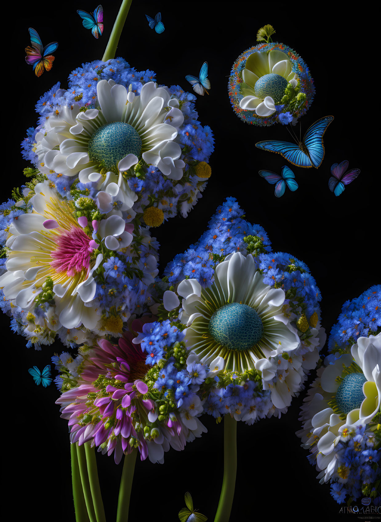 Assorted flowers and butterflies on dark background