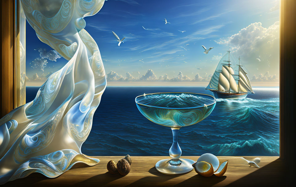 Surreal room with ocean view, swirling water glass, billowing curtain, seashells,