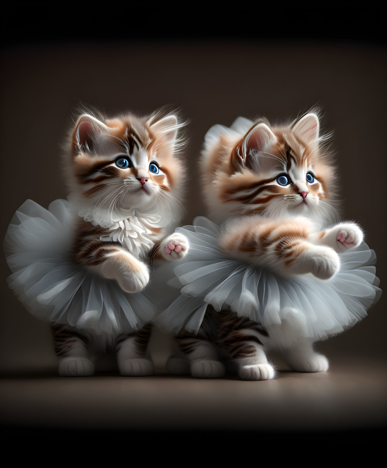 Fluffy kittens in white tutus with blue eyes on a stage