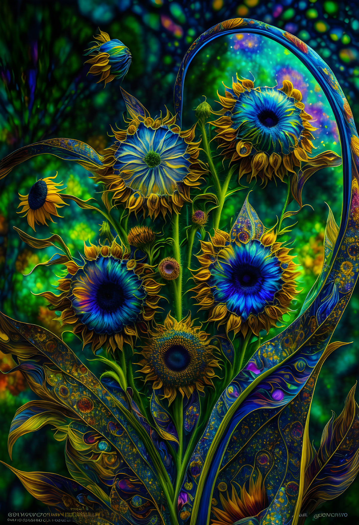 Colorful Stylized Sunflower Digital Art with Intricate Patterns