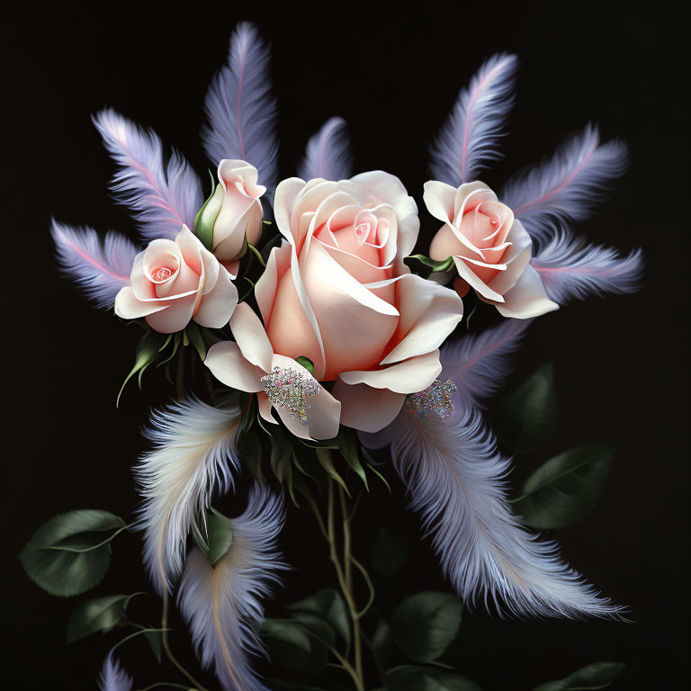 Pale Pink Roses with Purple Feathers on Dark Background