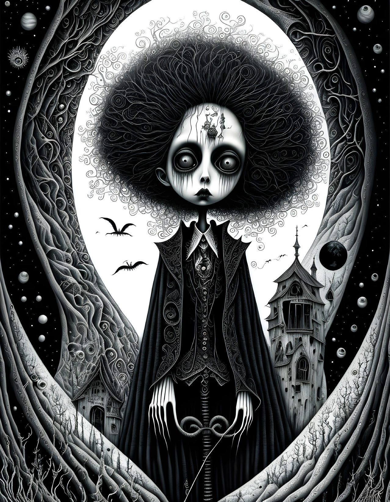 Monochromatic gothic art: Wide-eyed figure with elaborate hair, surrounded by trees, castle,