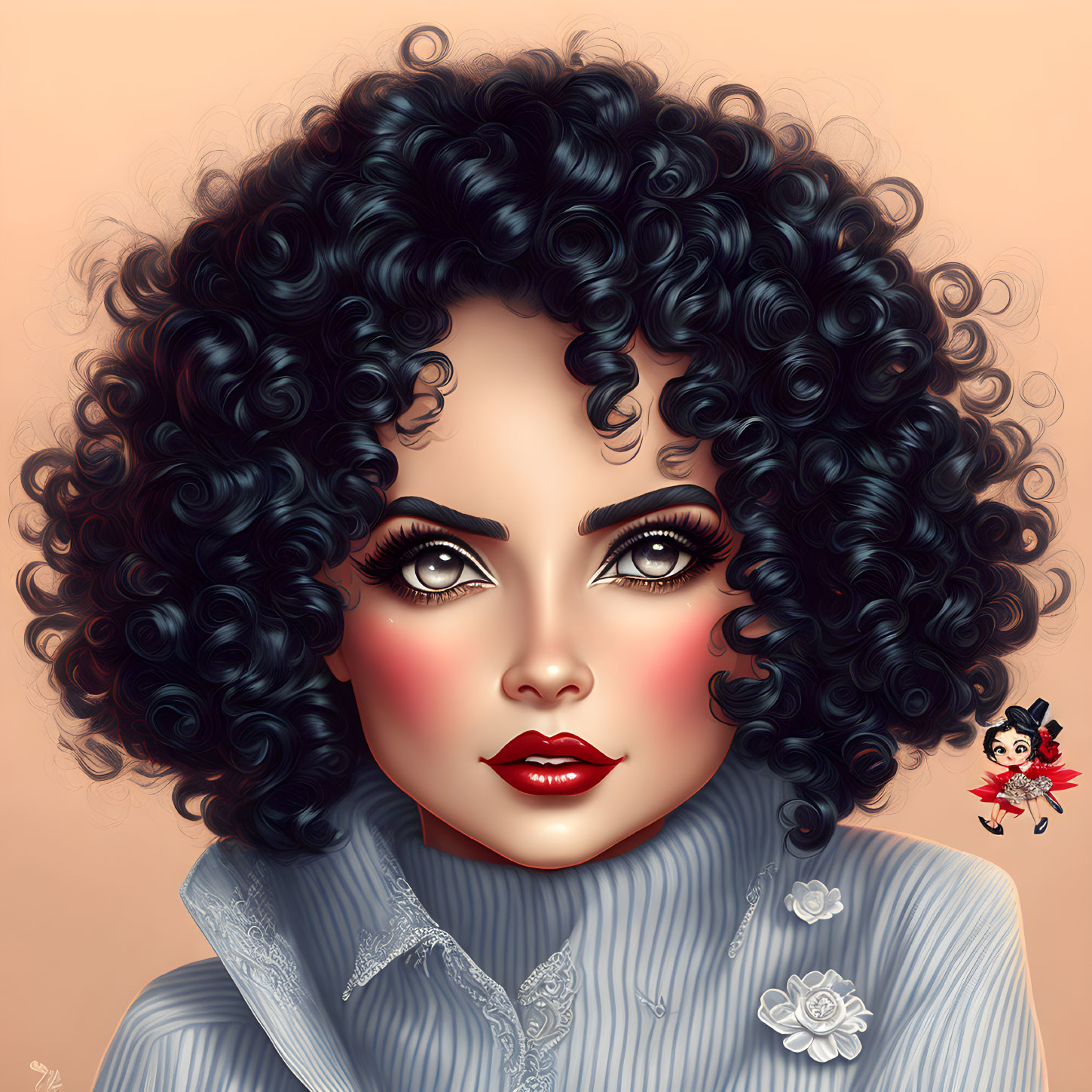 Detailed illustration of a woman with voluminous curly hair, striking eyes, rosy cheeks, and a