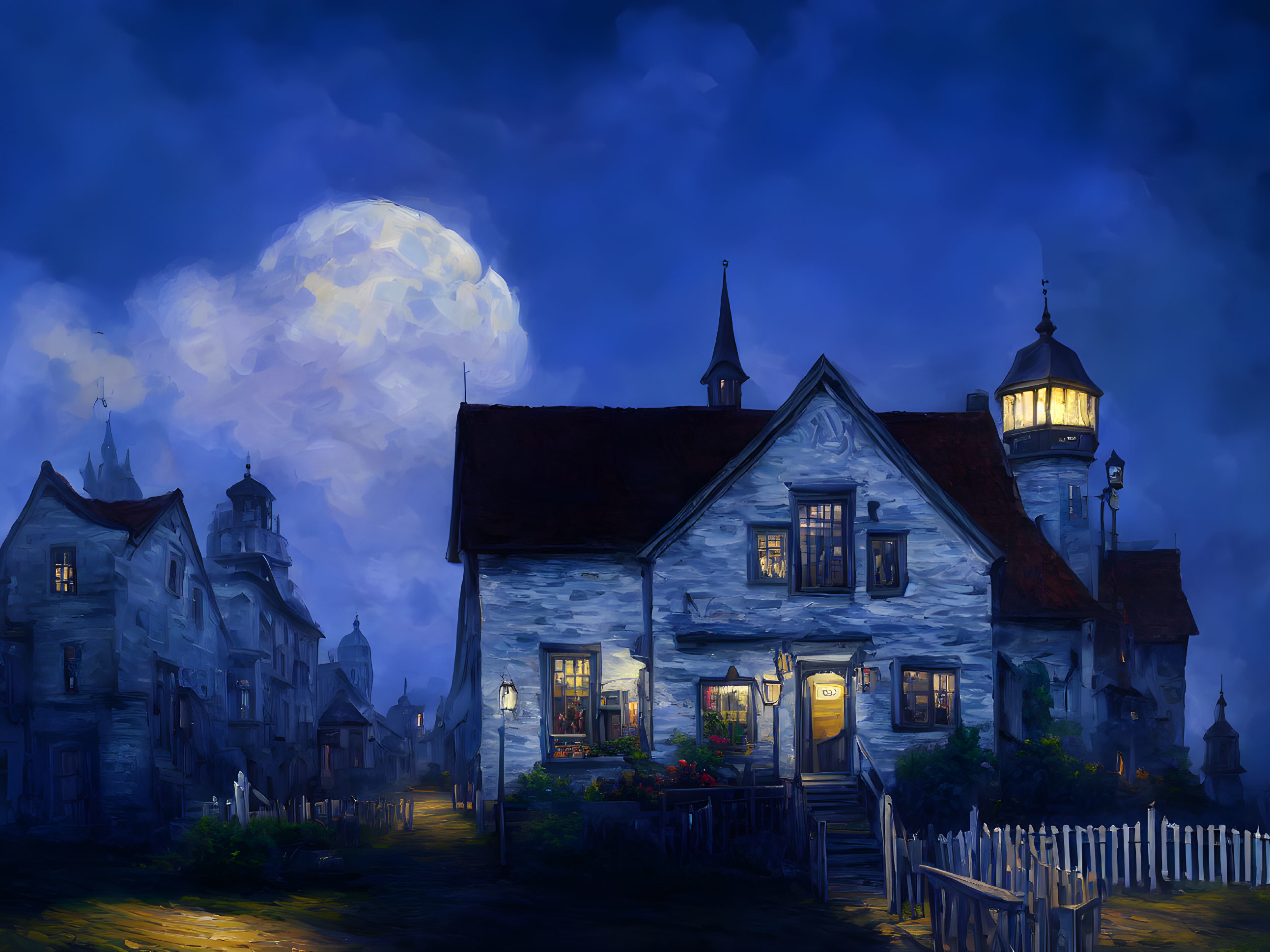 Nighttime village scene with full moon, cozy house, and mystical lighthouse glow