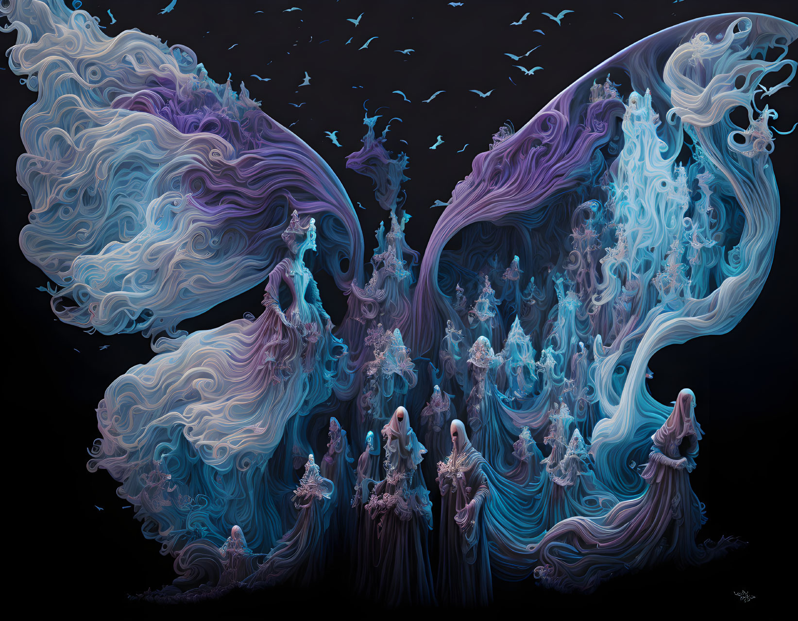 Ethereal figures with ornate wings in fantasy sky scene