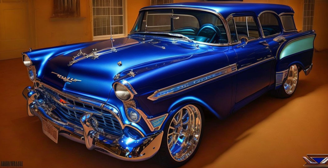 Classic Blue Chevrolet Bel Air with Chrome Details and Custom Wheels in Warmly Lit Room