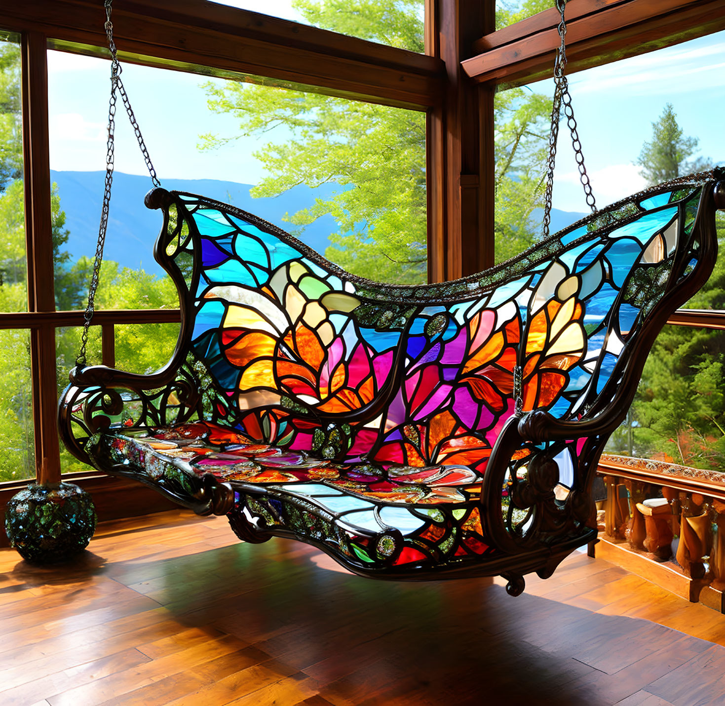 Colorful Stained-Glass Hanging Bench with Floral Pattern on Balcony overlooking Mountainous Landscape