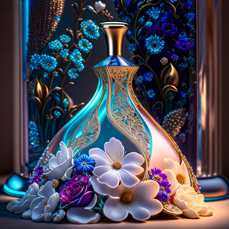 Metallic Gold and Turquoise Perfume Bottle with Floral Design