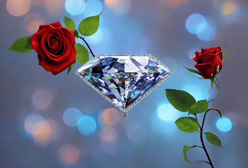 Shimmering diamond with red roses on bokeh backdrop