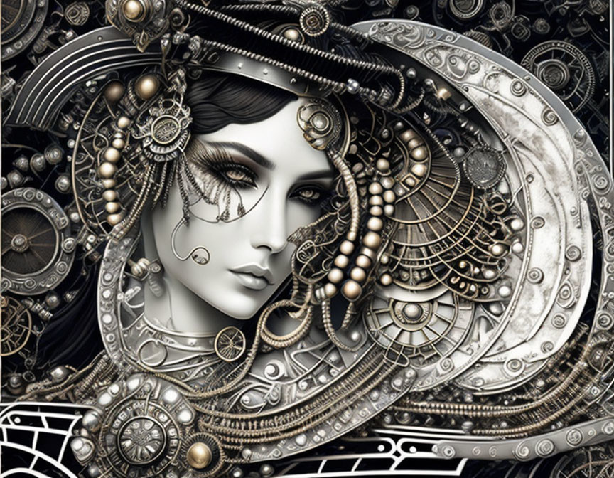 Monochrome steampunk-inspired woman with intricate gears and lacy patterns