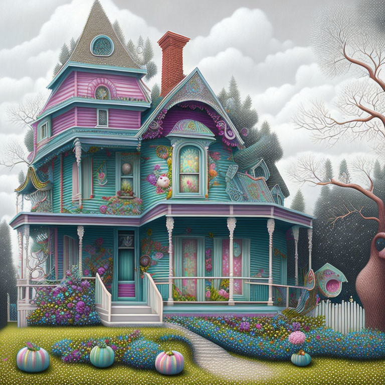 Vibrant violet and teal Victorian style house illustration