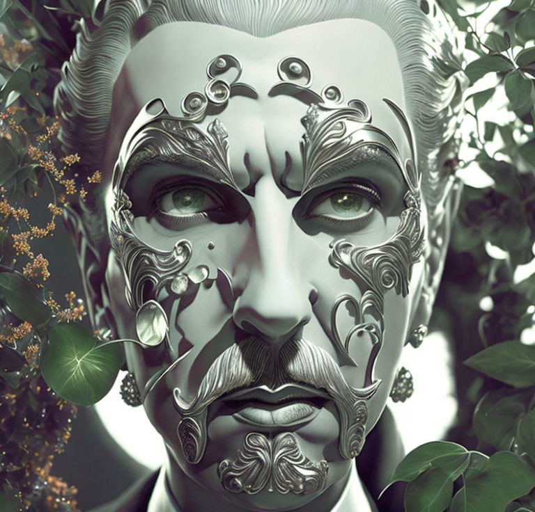 Monochrome artwork of a face with vine patterns and bubbles in a foliage setting