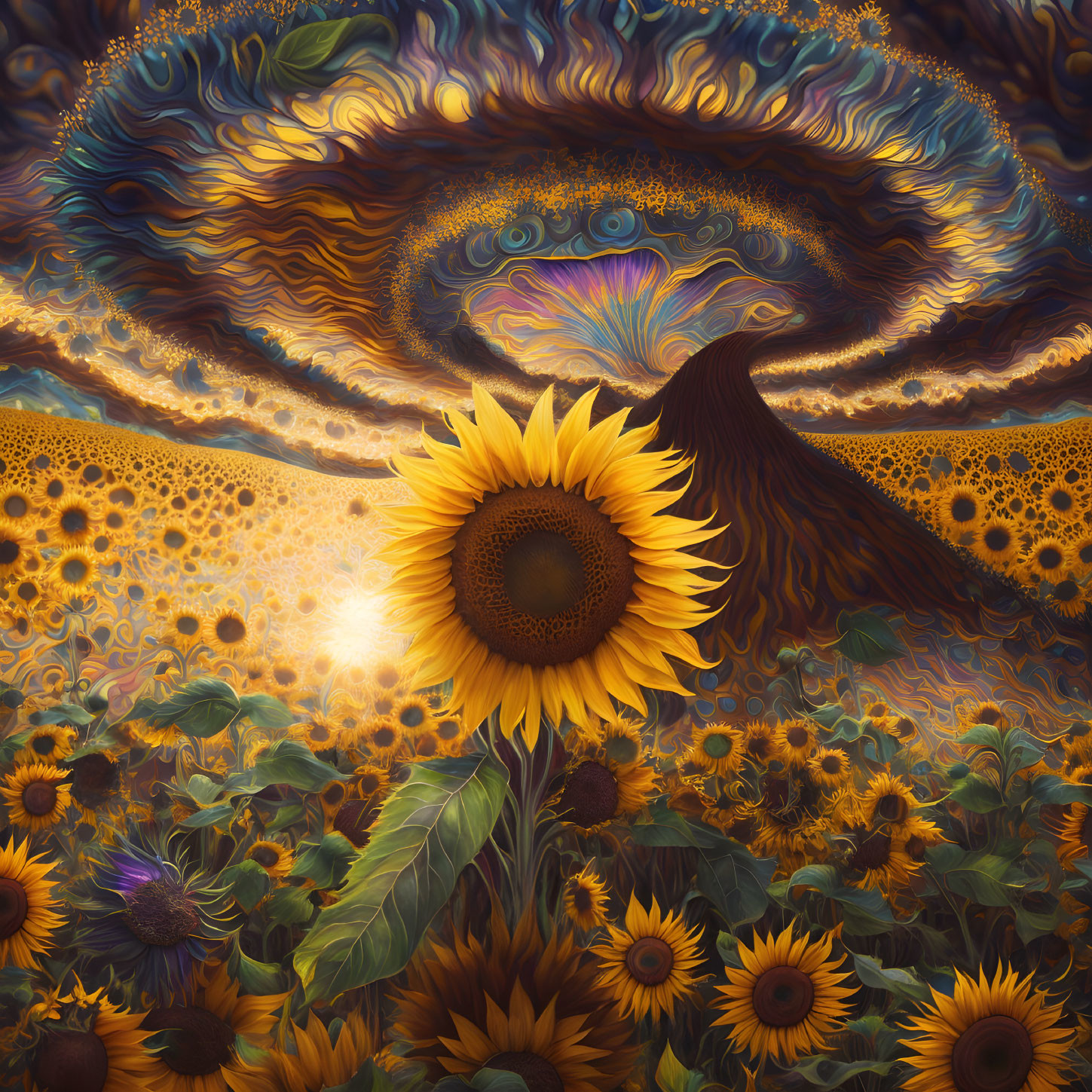 Colorful Psychedelic Sunflower Field Artwork with Swirling Sky