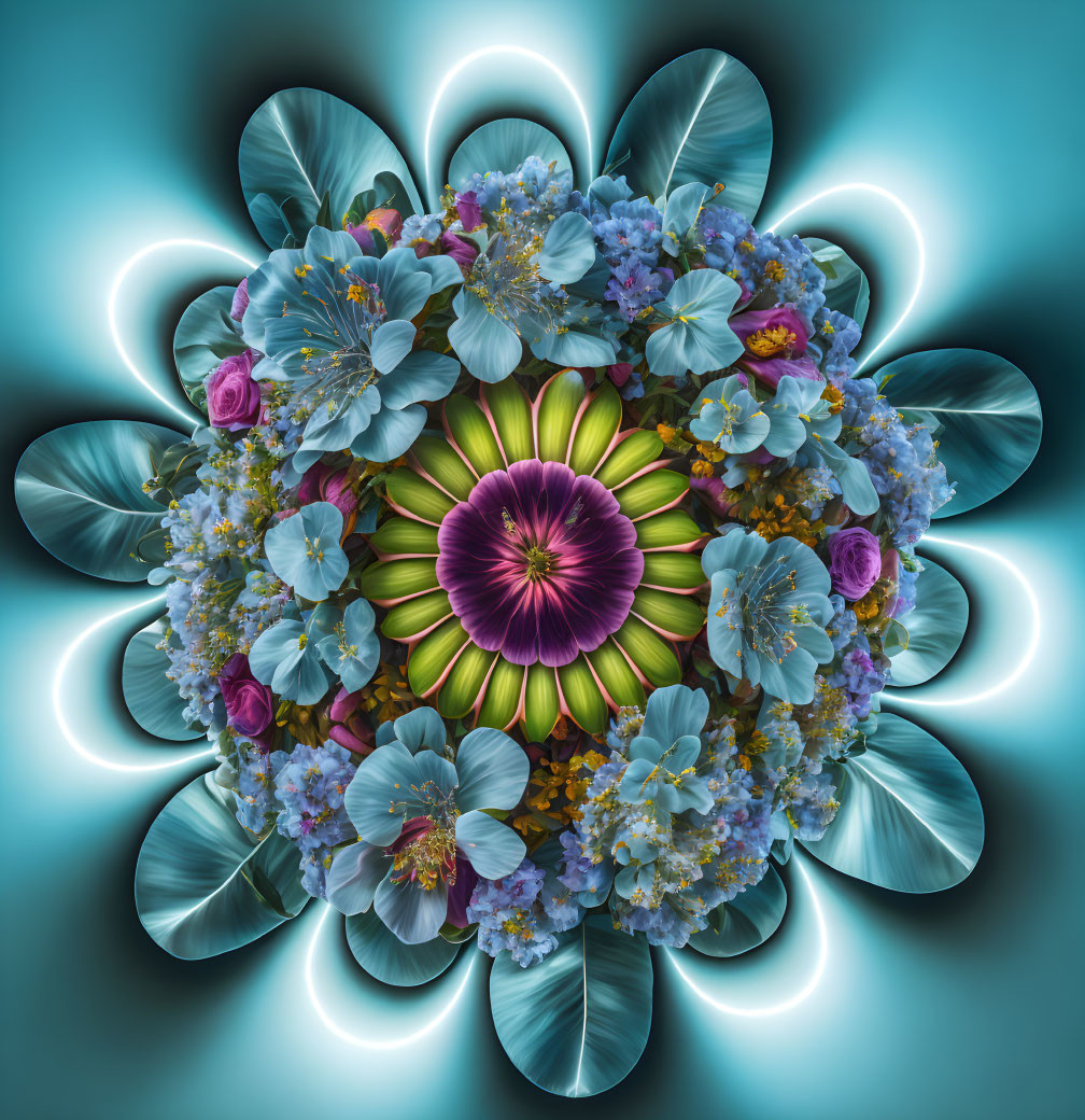 Colorful neon-edged floral arrangement on blue background