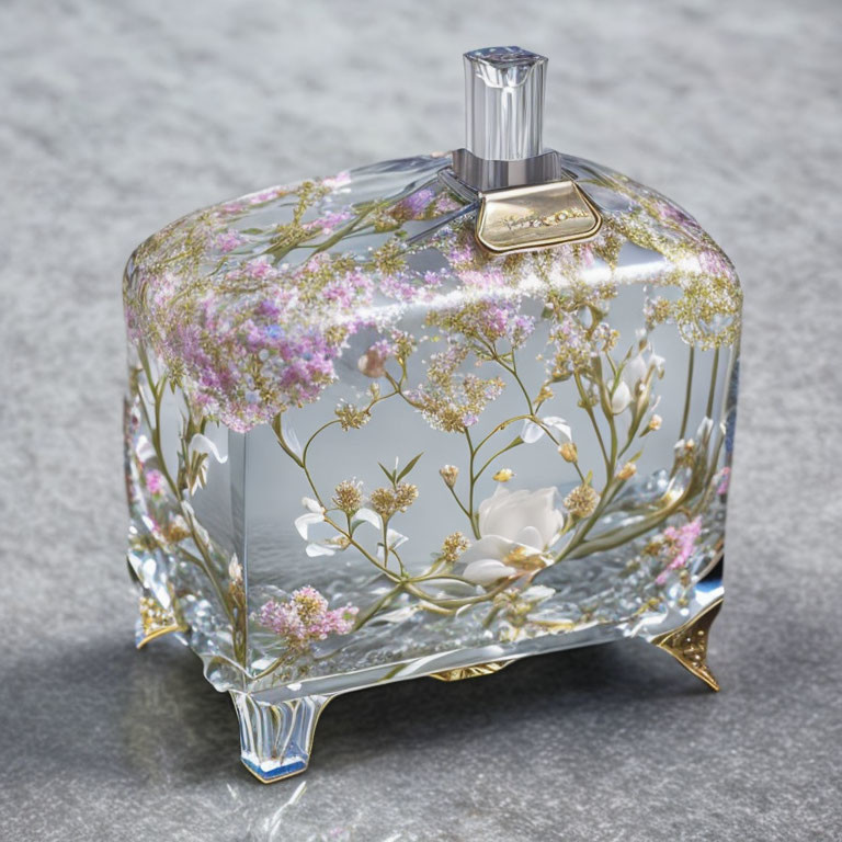 Floral-patterned glass perfume bottle with gold accents and clear liquid