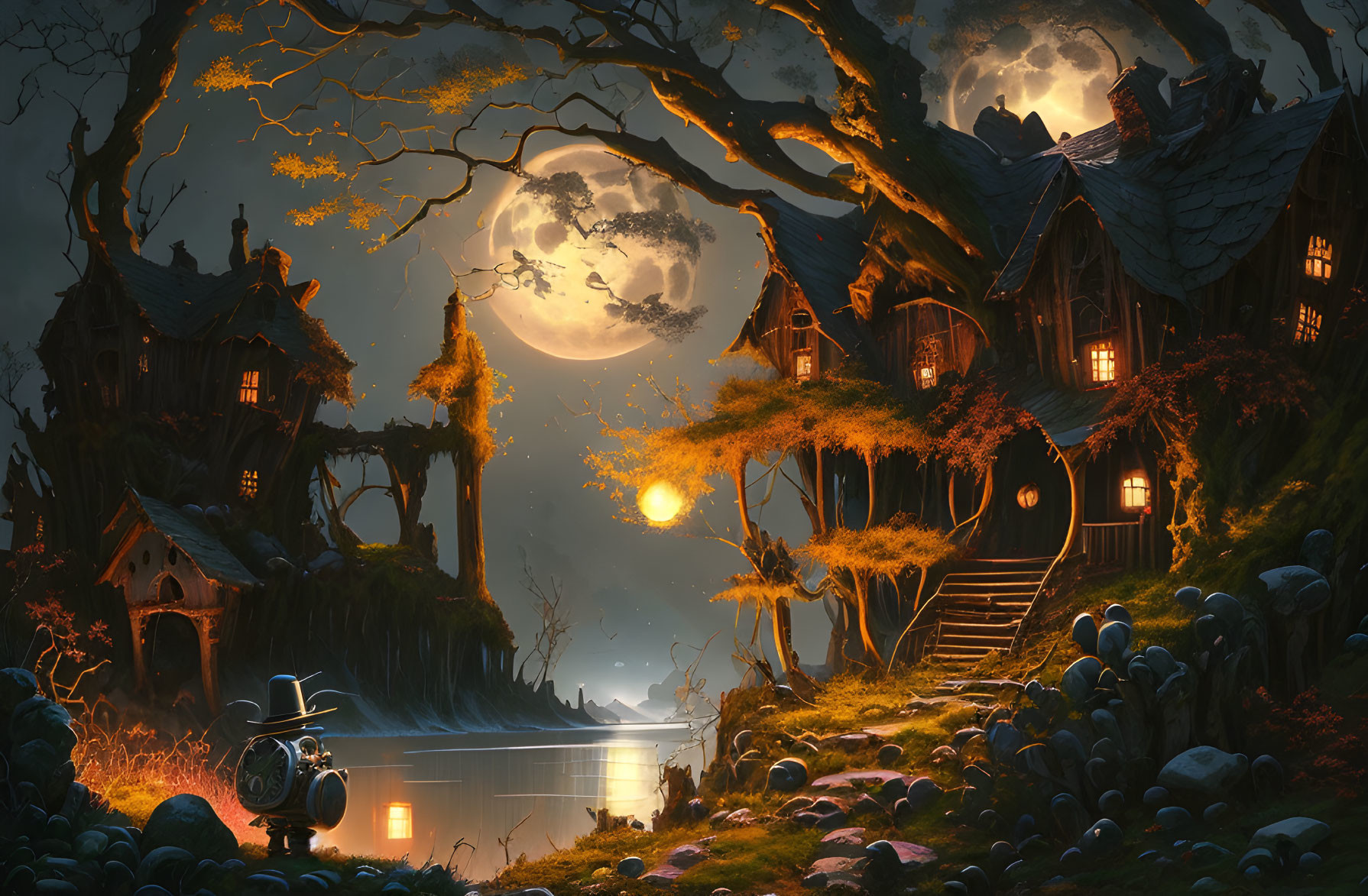 Fantasy landscape with illuminated cottages, glowing pumpkins, serene lake, and full moon.