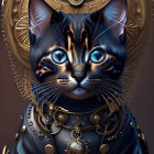 Ornately Adorned Cat Artwork with Blue Eyes and Golden Jewelry