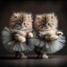 Fluffy kittens in white tutus with blue eyes on a stage