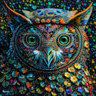 Vibrant owl digital art with intricate patterns and starlit backdrop