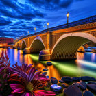 Intricate illuminated bridge over reflective water at twilight