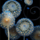 Bright blue and white specks on glowing dandelion-like flowers against a dark background