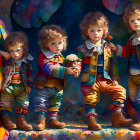 Four toddlers in colorful outfits and boots against vibrant abstract backdrop, one with flowers