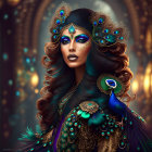 Digital artwork: Woman with curly hair, peacock headdress, and jewelry on golden backdrop