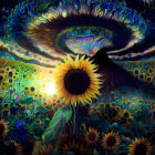 Colorful sunflower painting with cosmic elements and swirling patterns.