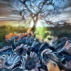 Colorful surreal landscape with ornate tree and butterfly in dream-like scene