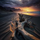 Dramatic sunset over beach with sun rays and driftwood textures