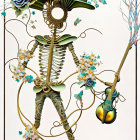 Whimsical figure with tree-branch body, flower-adorned hat, violin, and bird