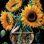 Vivid sunflower painting in glass vase on dark background