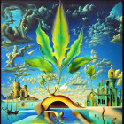 Surreal painting with cannabis leaf, castle, ship, and wavy patterns