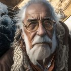 Elderly man in aviator glasses with white beard and boat in background