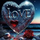 Heart-shaped glass with flower-filled "LOVE" word on ocean moonlit background