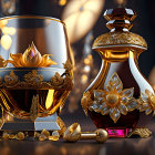 Ornate Golden Floral Whiskey Glass and Decanter Set on Bokeh Light Background