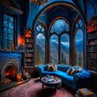 Luxurious Blue Velvet Sofa in Ornate Room with Fireplace and Arched Windows